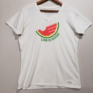 Life Is Good Womens Watermelon Crusher Tee White V Neck Short Sleeve Small